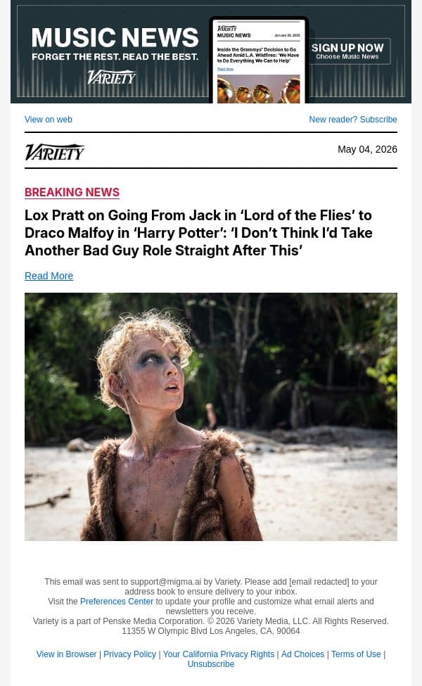 Lox Pratt on Going From Jack in ‘Lord of the Flies’ to Draco Malfoy in ‘Harry Potter’: ‘I Don’t Think I’d Take Another Bad Guy Role Straight After This’ email from Variety screenshot