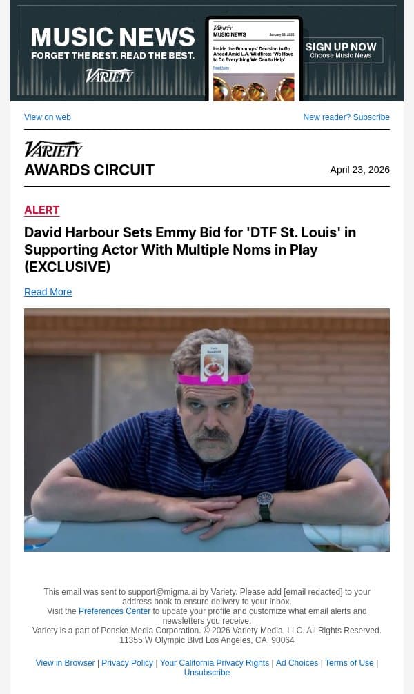 David Harbour Sets Emmy Bid for 'DTF St. Louis' in Supporting Actor With Multiple Noms in Play (EXCLUSIVE) email from Variety screenshot