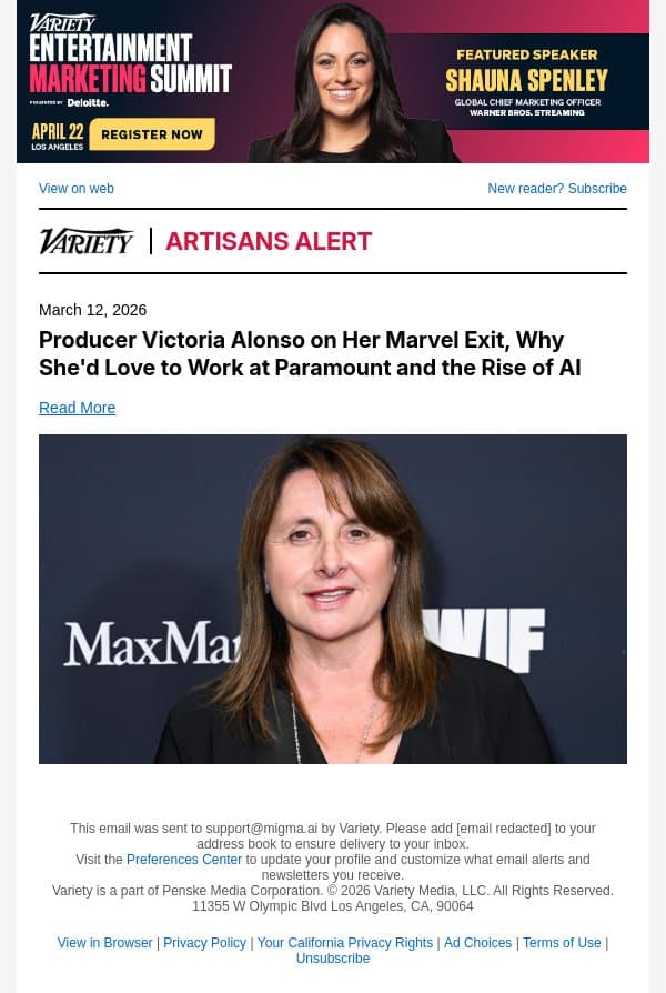 Producer Victoria Alonso on Her Marvel Exit, Why She'd Love to Work at Paramount and the Rise of AI email from Variety screenshot