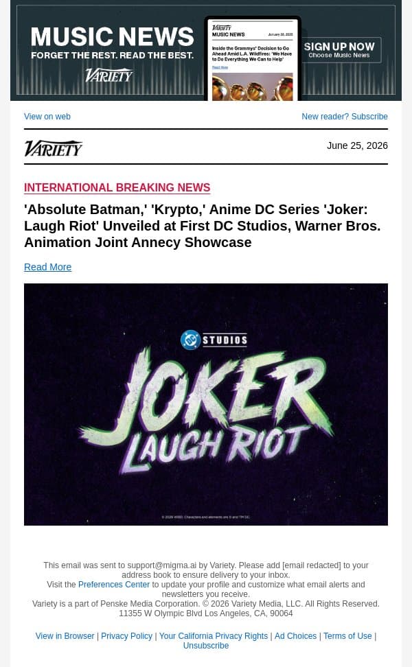 'Absolute Batman,' 'Krypto,' Anime DC Series 'Joker: Laugh Riot' Unveiled at First DC Studios, Warner Bros. Animation Joint Annecy Showcase email from Variety screenshot