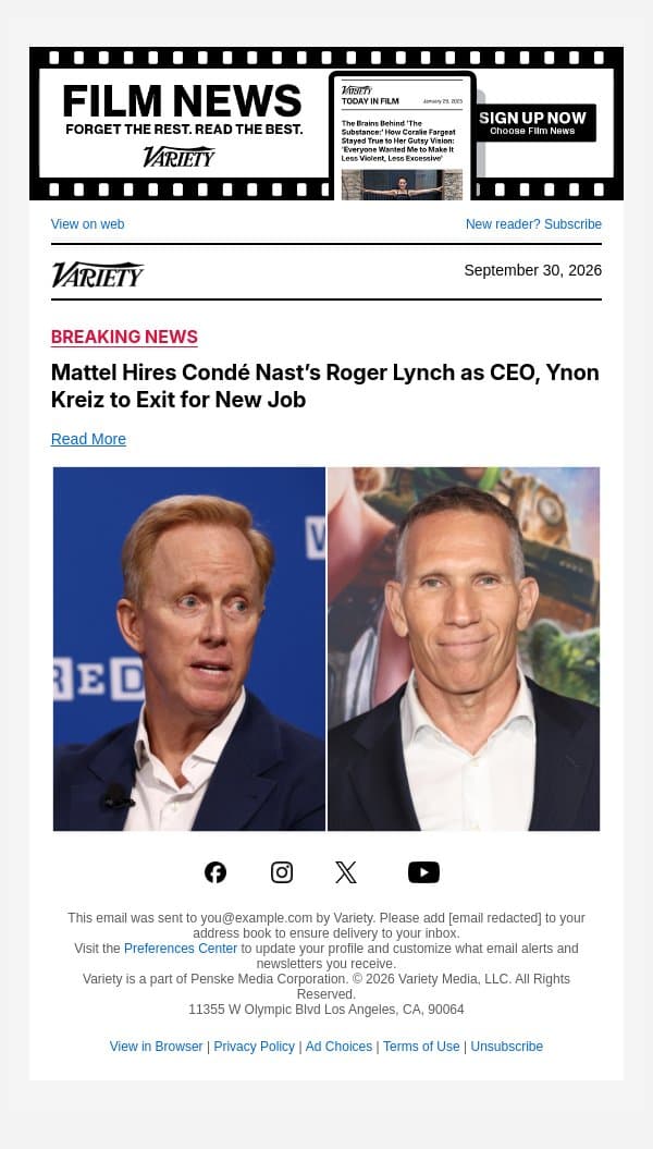 Mattel Hires Condé Nast’s Roger Lynch as CEO, Ynon Kreiz to Exit for New Job email from Variety screenshot