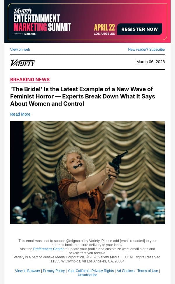 'The Bride!' Is the Latest Example of a New Wave of Feminist Horror — Experts Break Down What It Says About Women and Control email from Variety screenshot