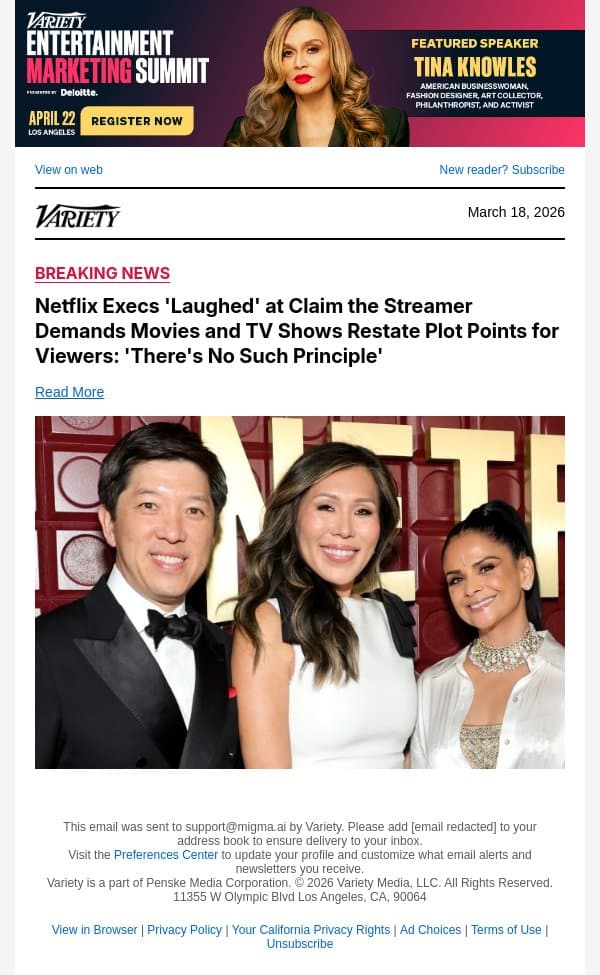Netflix Execs 'Laughed' at Claim the Streamer Demands Movies and TV Shows Restate Plot Points for Viewers: 'There's No Such Principle' email from Variety screenshot