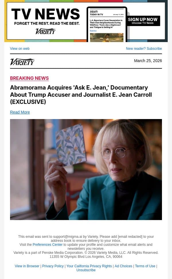 Abramorama Acquires 'Ask E. Jean,' Documentary About Trump Accuser and Journalist E. Jean Carroll (EXCLUSIVE) email from Variety screenshot