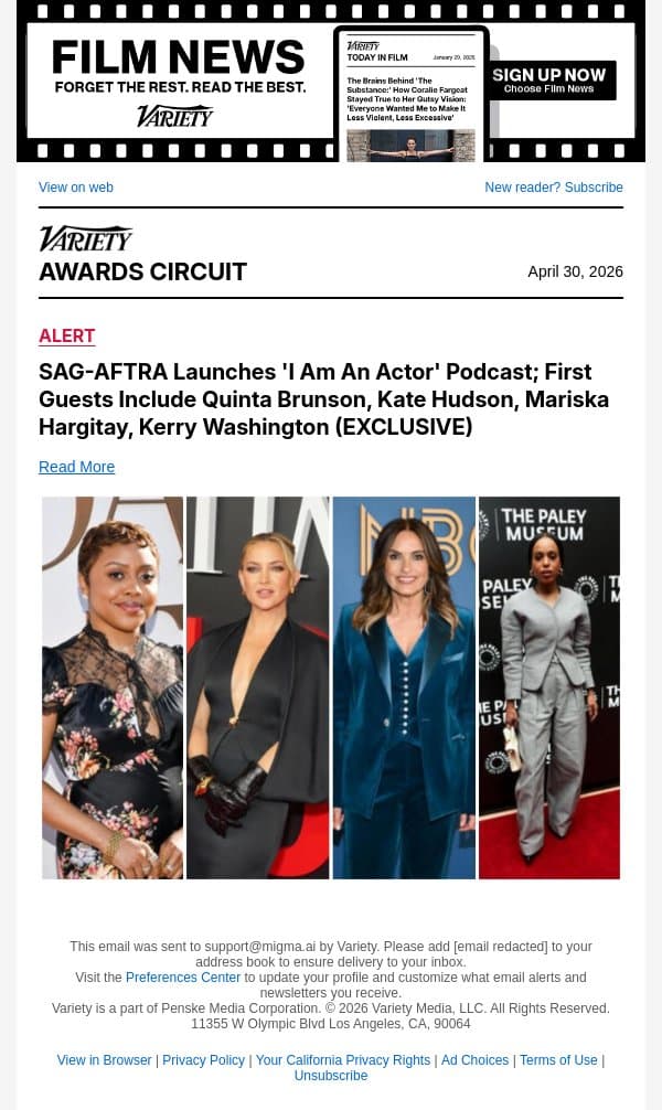 SAG-AFTRA Launches 'I Am An Actor' Podcast; First Guests Include Quinta Brunson, Kate Hudson, Mariska Hargitay, Kerry Washington (EXCLUSIVE) email from Variety screenshot