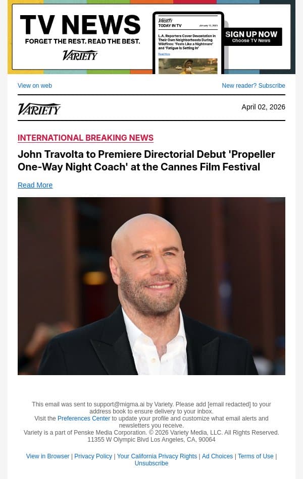 John Travolta to Premiere Directorial Debut 'Propeller One-Way Night Coach' at the Cannes Film Festival email from Variety screenshot