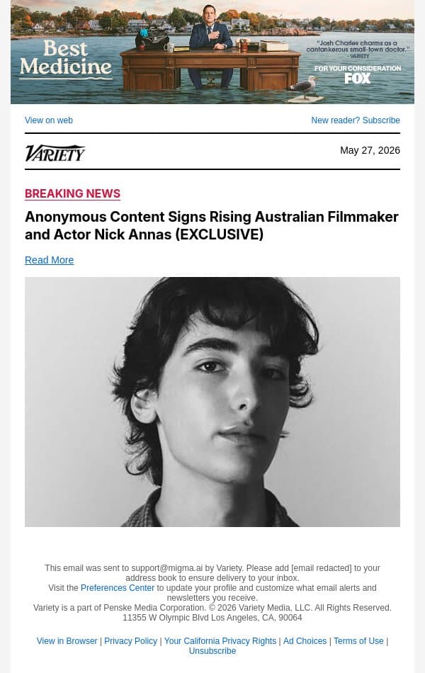 Anonymous Content Signs Rising Australian Filmmaker and Actor Nick Annas (EXCLUSIVE) email from Variety screenshot