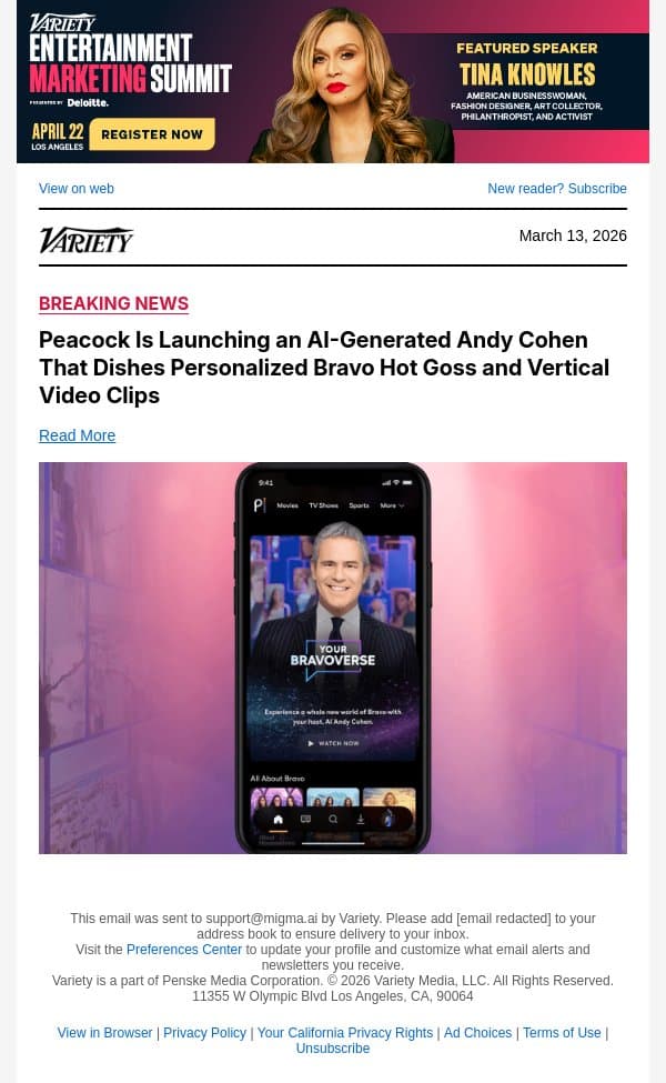 Peacock Is Launching an AI-Generated Andy Cohen That Dishes Personalized Bravo Hot Goss and Vertical Video Clips email from Variety screenshot