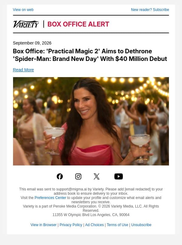 Box Office: 'Practical Magic 2' Aims to Dethrone 'Spider-Man: Brand New Day' With $40 Million Debut email from Variety screenshot