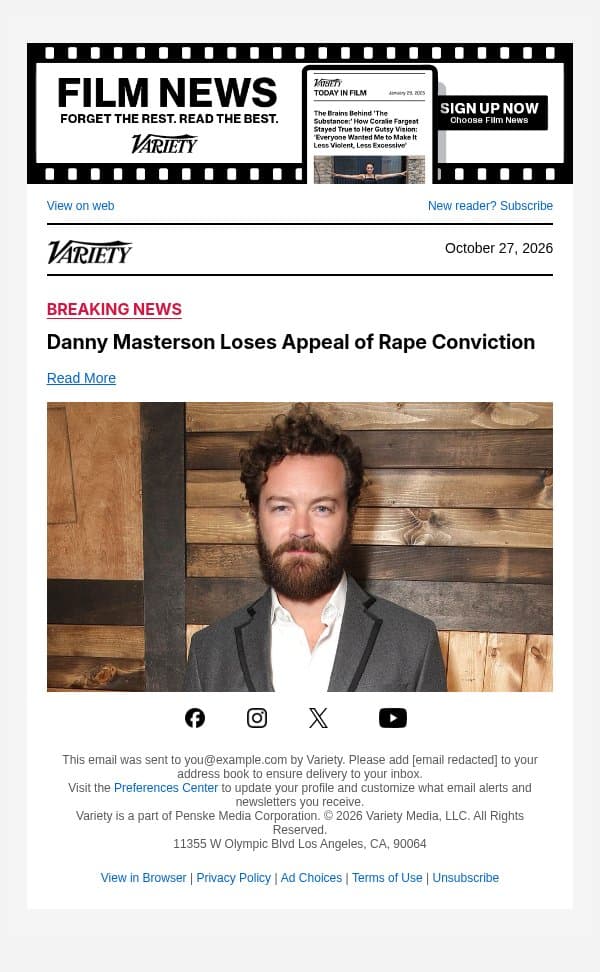 Danny Masterson Loses Appeal of Rape Conviction email from Variety screenshot