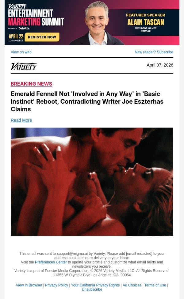 Emerald Fennell Not 'Involved in Any Way' in 'Basic Instinct' Reboot, Contradicting Writer Joe Eszterhas Claims email from Variety screenshot