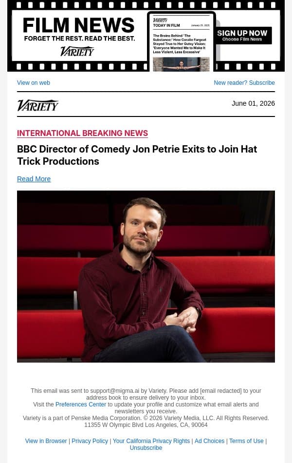 BBC Director of Comedy Jon Petrie Exits to Join Hat Trick Productions email from Variety screenshot