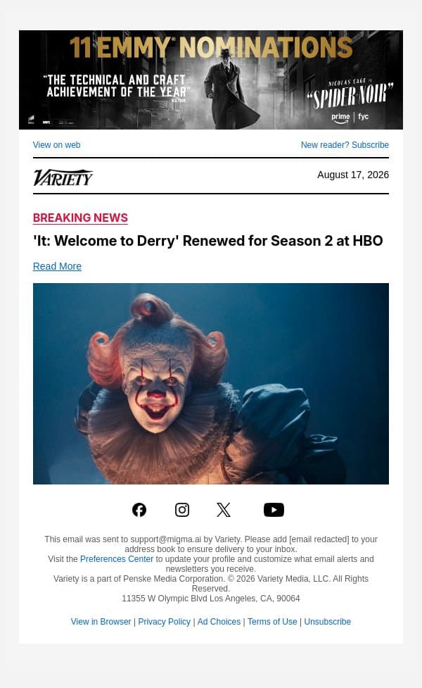 'It: Welcome to Derry' Renewed for Season 2 at HBO email from Variety screenshot