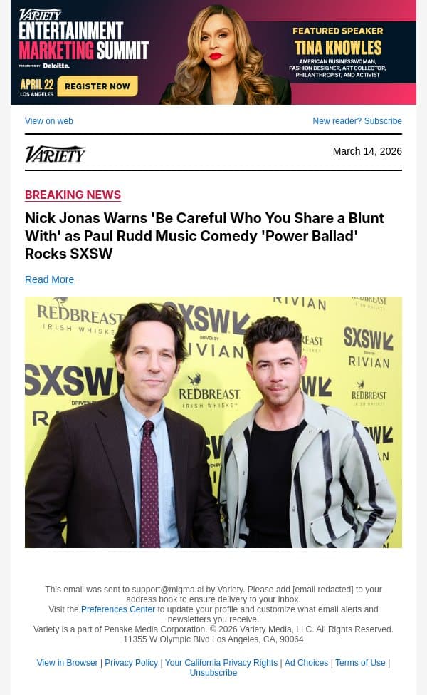 Nick Jonas Warns 'Be Careful Who You Share a Blunt With' as Paul Rudd Music Comedy 'Power Ballad' Rocks SXSW email from Variety screenshot