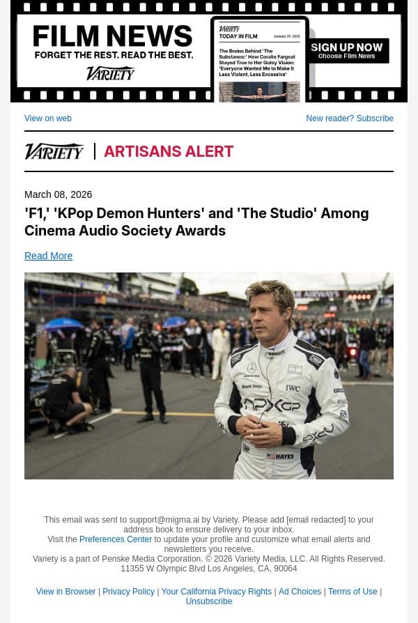 'F1,' 'KPop Demon Hunters' and 'The Studio' Among Cinema Audio Society Awards email from Variety screenshot