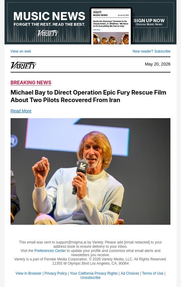 Michael Bay to Direct Operation Epic Fury Rescue Film About Two Pilots Recovered From Iran email from Variety screenshot