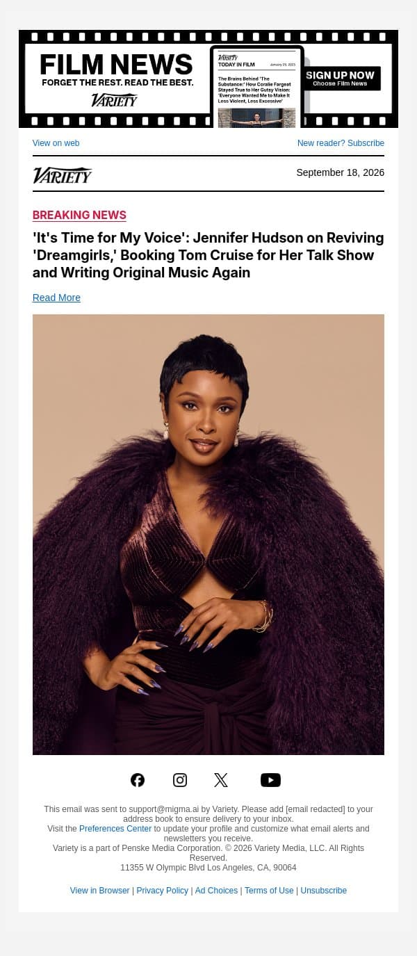 'It's Time for My Voice': Jennifer Hudson on Reviving 'Dreamgirls,' Booking Tom Cruise for Her Talk Show and Writing Original Music Again email from Variety screenshot