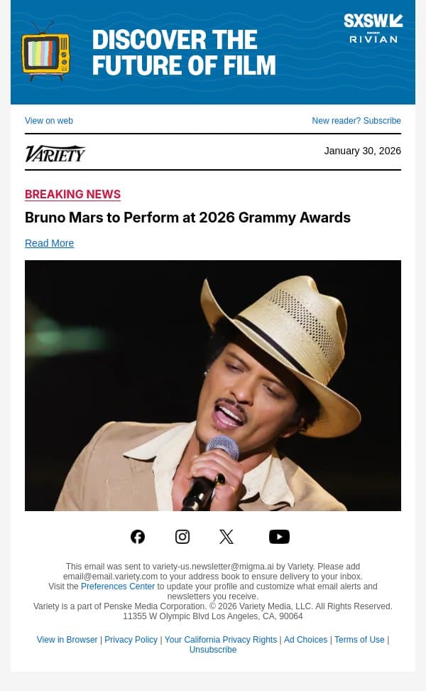 Bruno Mars to Perform at 2026 Grammy Awards email from Variety screenshot