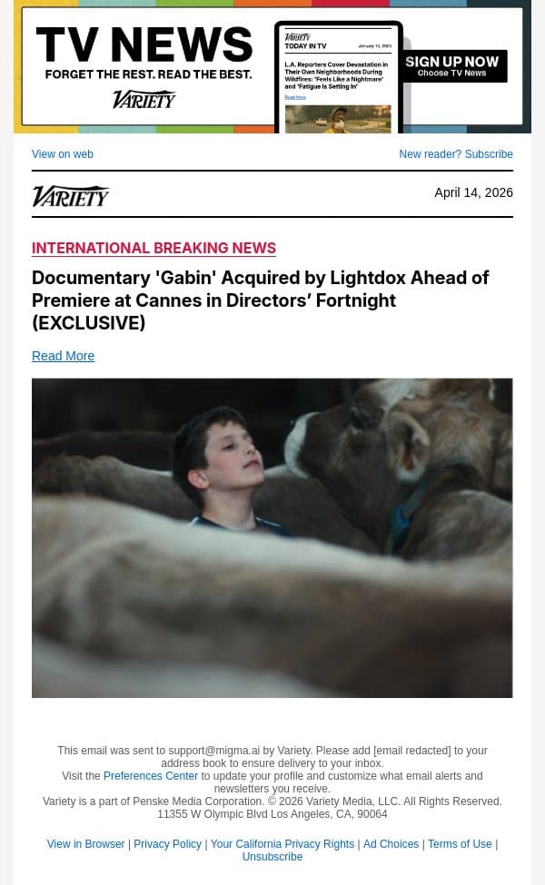 Documentary 'Gabin' Acquired by Lightdox Ahead of Premiere at Cannes in Directors’ Fortnight (EXCLUSIVE) email from Variety screenshot
