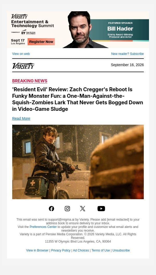'Resident Evil' Review: Zach Cregger's Reboot Is Funky Monster Fun: a One-Man-Against-the-Squish-Zombies Lark That Never Gets Bogged Down in Video-Game Sludge email from Variety screenshot