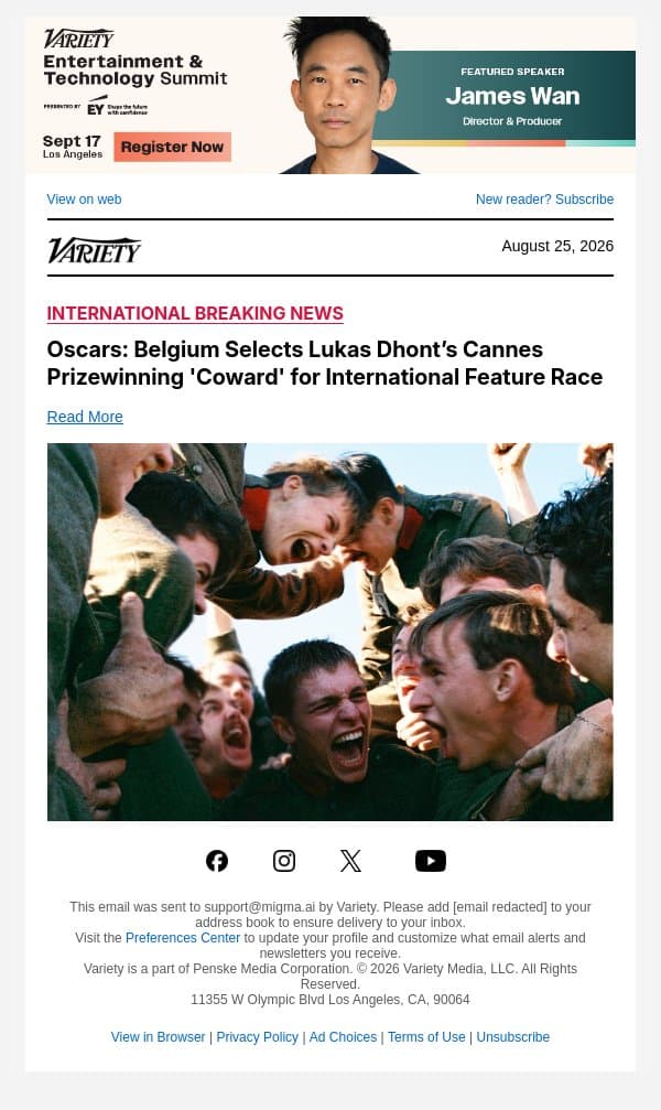 Oscars: Belgium Selects Lukas Dhont’s Cannes Prizewinning 'Coward' for International Feature Race email from Variety screenshot