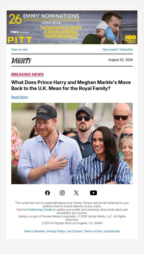 What Does Prince Harry and Meghan Markle's Move Back to the U.K. Mean for the Royal Family? email from Variety screenshot