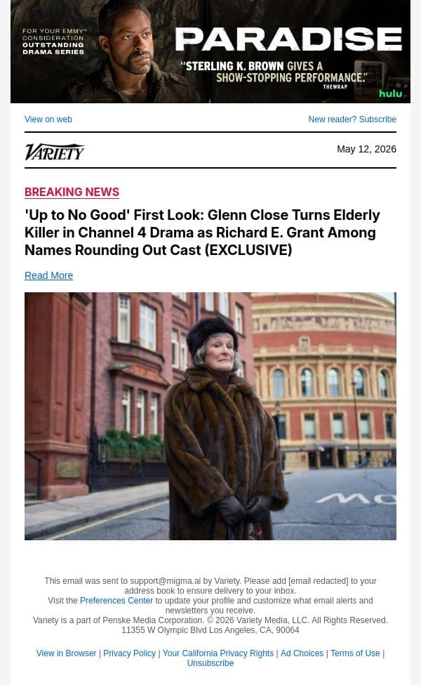 'Up to No Good' First Look: Glenn Close Turns Elderly Killer in Channel 4 Drama as Richard E. Grant Among Names Rounding Out Cast (EXCLUSIVE) email from Variety screenshot