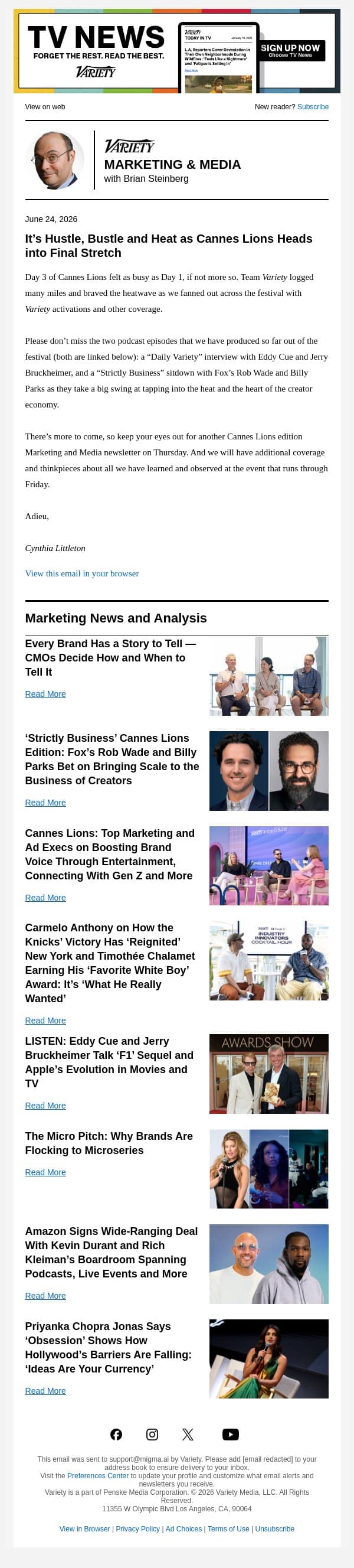 Marketing & Media Newsletter - Cannes Lions Edition: Every Brand Has a Story to Tell; Carmelo Anthony Talks Knicks Win; Rob Wade and Billy Parks on Fox’s Creators Push; CMOs Speak Out at Variety in the C-Suite Conversations; and More email from Variety screenshot