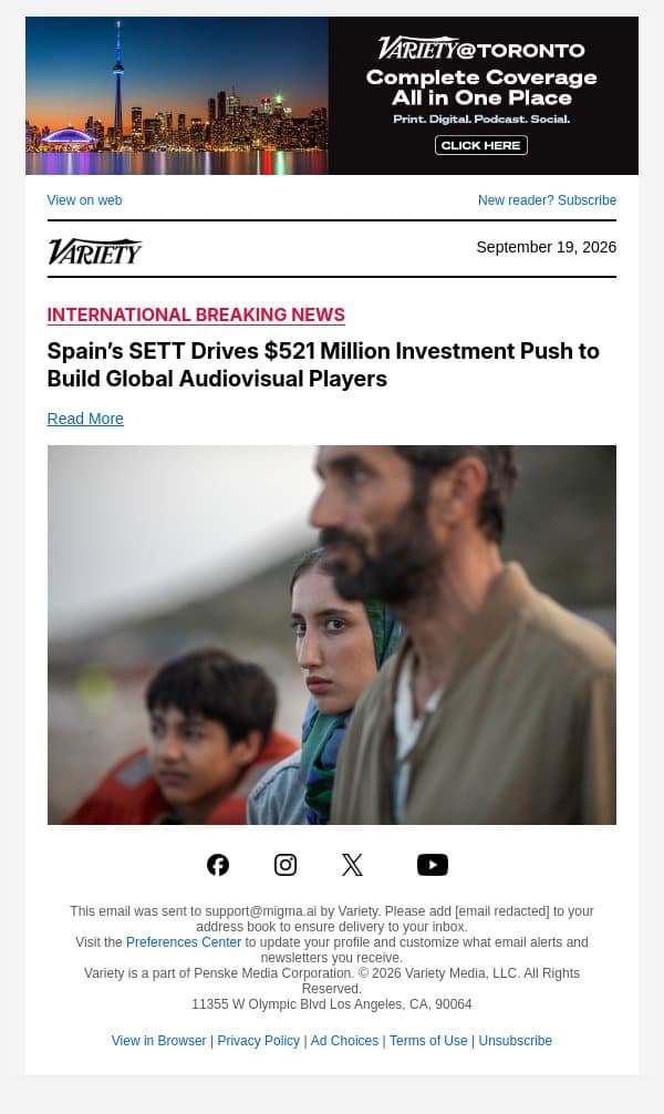 Spain’s SETT Drives $521 Million Investment Push to Build Global Audiovisual Players email from Variety screenshot
