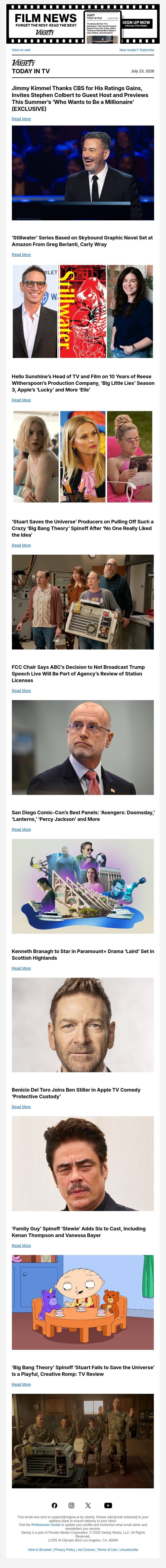 Jimmy Kimmel Gets a Boost; 'Stillwater' Series Set at Amazon; Hello Sunshine Exec on 'Big Little Lies' Season 3 and More email from Variety screenshot