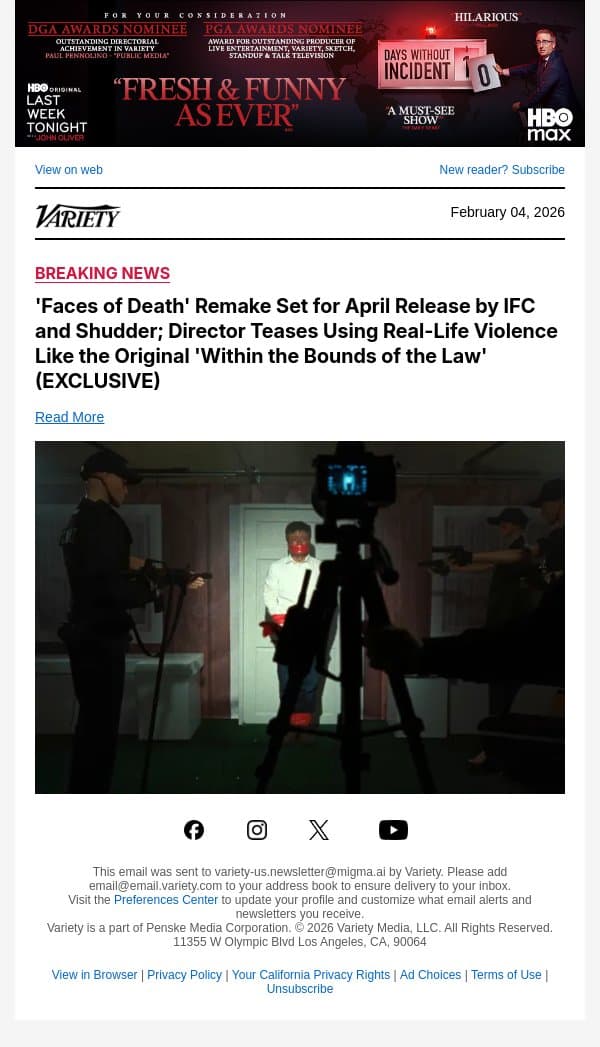 'Faces of Death' Remake Set for April Release by IFC and Shudder; Director Teases Using Real-Life Violence Like the Original 'Within the Bounds of the Law' (EXCLUSIVE) email from Variety screenshot