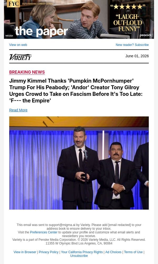 Jimmy Kimmel Thanks 'Pumpkin McPornhumper' Trump For His Peabody; 'Andor' Creator Tony Gilroy Urges Crowd to Take on Fascism Before It's Too Late: 'F--- the Empire' email from Variety screenshot