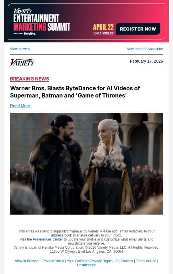 Warner Bros. Blasts ByteDance for AI Videos of Superman, Batman and 'Game of Thrones' email from Variety screenshot