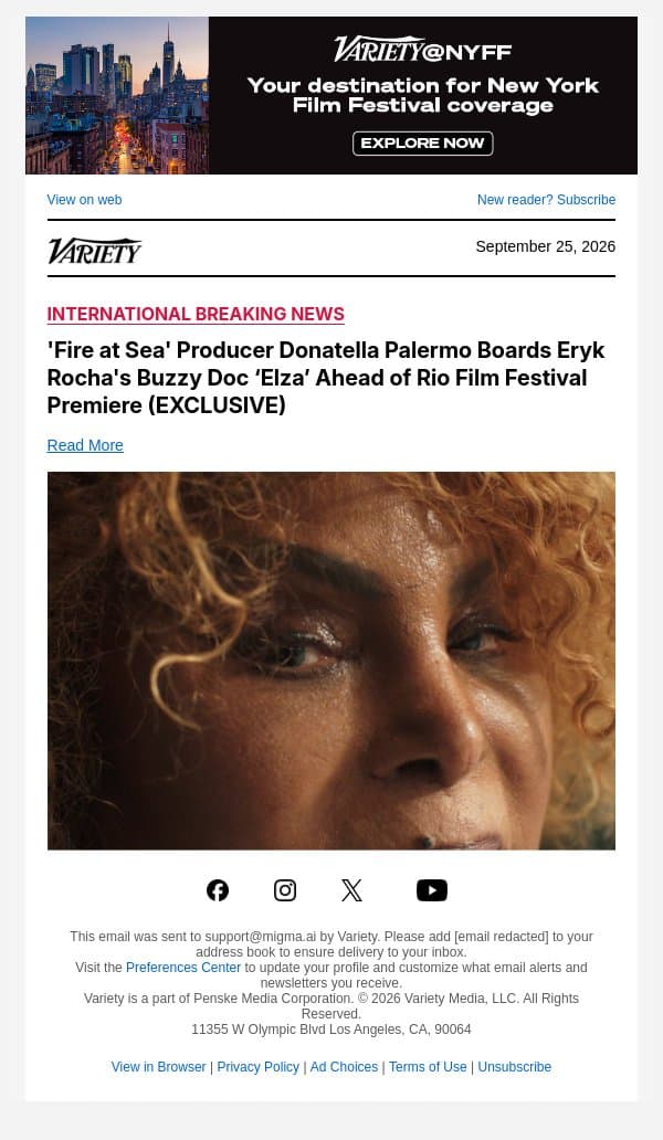 'Fire at Sea' Producer Donatella Palermo Boards Eryk Rocha's Buzzy Doc ‘Elza’ Ahead of Rio Film Festival Premiere (EXCLUSIVE) email from Variety screenshot