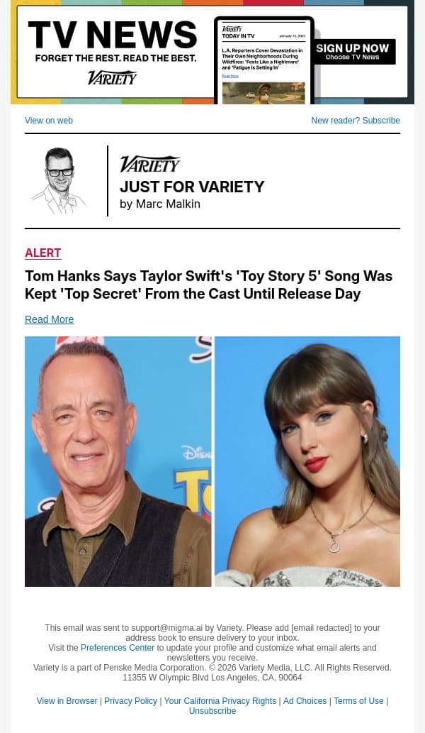 Tom Hanks Says Taylor Swift's 'Toy Story 5' Song Was Kept 'Top Secret' From the Cast Until Release Day email from Variety screenshot