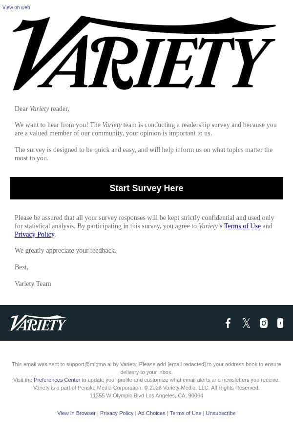 Tell Us What You Think Of Your Variety Experience! email from Variety screenshot