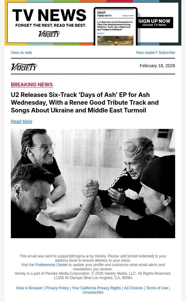 U2 Releases Six-Track 'Days of Ash' EP for Ash Wednesday, With a Renee Good Tribute Track and Songs About Ukraine and Middle East Turmoil email from Variety screenshot