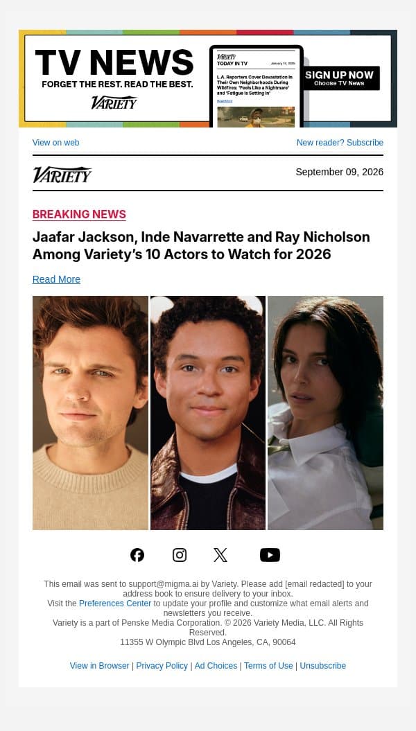 Jaafar Jackson, Inde Navarrette and Ray Nicholson Among Variety’s 10 Actors to Watch for 2026 email from Variety screenshot