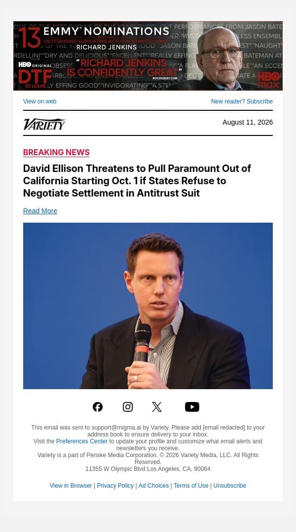 David Ellison Threatens to Pull Paramount Out of California Starting Oct. 1 if States Refuse to Negotiate Settlement in Antitrust Suit email from Variety screenshot