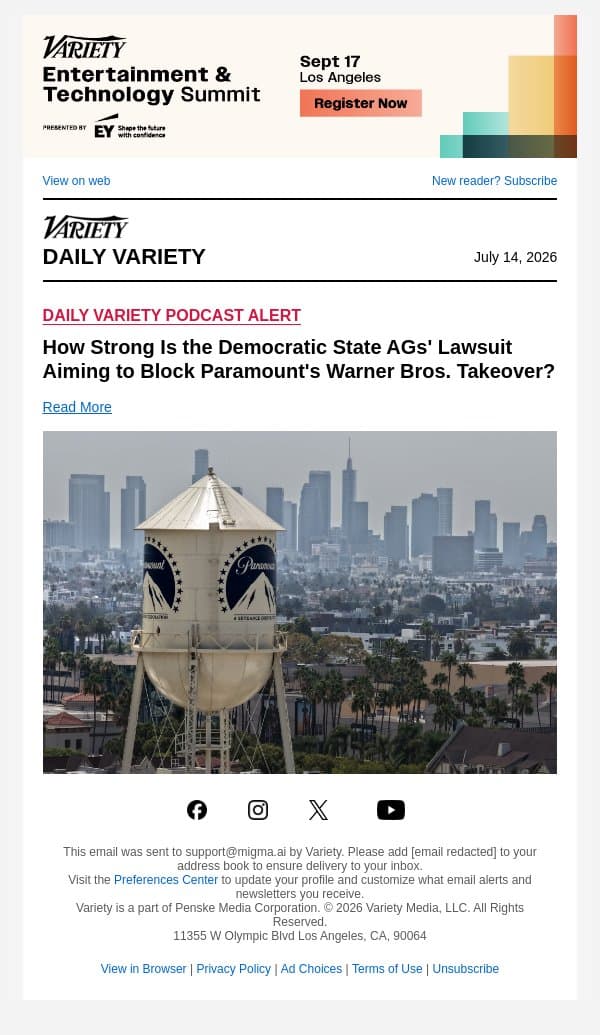 How Strong Is the Democratic State AGs' Lawsuit Aiming to Block Paramount's Warner Bros. Takeover? email from Variety screenshot