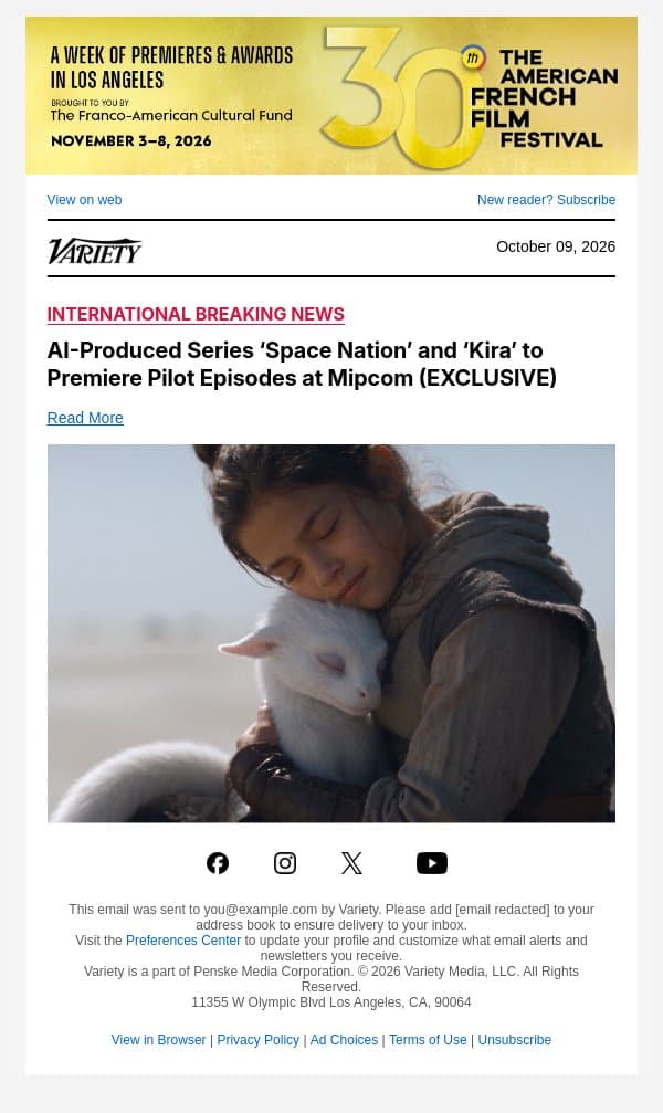 AI-Produced Series ‘Space Nation’ and ‘Kira’ to Premiere Pilot Episodes at Mipcom (EXCLUSIVE) email from Variety screenshot