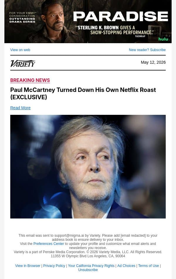 Paul McCartney Turned Down His Own Netflix Roast (EXCLUSIVE) email from Variety screenshot