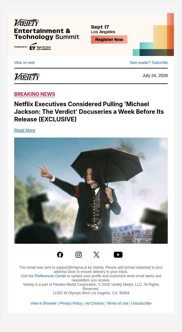 Netflix Executives Considered Pulling 'Michael Jackson: The Verdict' Docuseries a Week Before Its Release (EXCLUSIVE) email from Variety screenshot