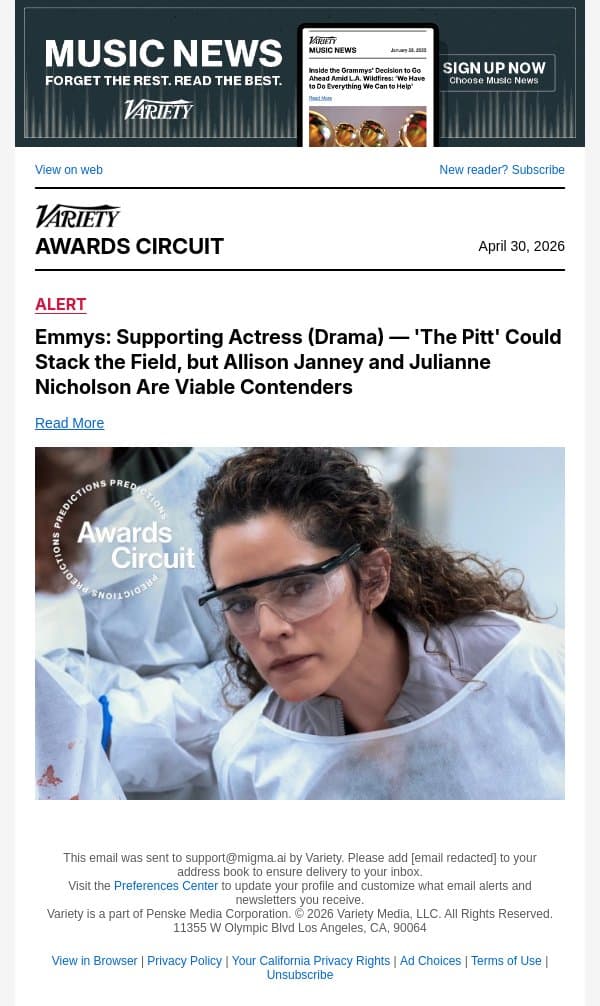 Emmys: Supporting Actress (Drama) — 'The Pitt' Could Stack the Field, but Allison Janney and Julianne Nicholson Are Viable Contenders email from Variety screenshot