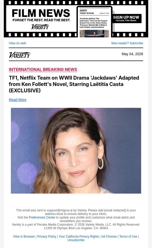 TF1, Netflix Team on WWII Drama 'Jackdaws' Adapted from Ken Follett's Novel, Starring Laëtitia Casta (EXCLUSIVE) email from Variety screenshot