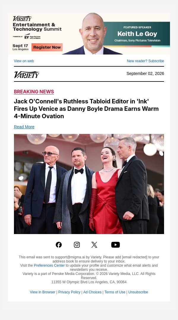Jack O'Connell's Ruthless Tabloid Editor in 'Ink' Fires Up Venice as Danny Boyle Drama Earns Warm 4-Minute Ovation email from Variety screenshot