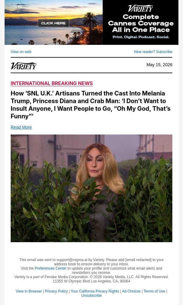 How ‘SNL U.K.’ Artisans Turned the Cast Into Melania Trump, Princess Diana and Crab Man: ‘I Don’t Want to Insult Anyone, I Want People to Go, “Oh My God, That’s Funny”’ email from Variety screenshot