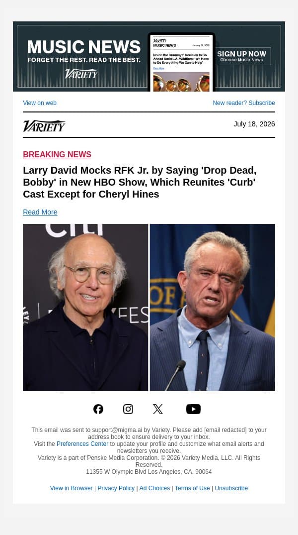 Larry David Mocks RFK Jr. by Saying 'Drop Dead, Bobby' in New HBO Show, Which Reunites 'Curb' Cast Except for Cheryl Hines email from Variety screenshot