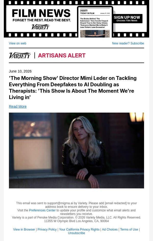 'The Morning Show' Director Mimi Leder on Tackling Everything From Deepfakes to AI Doubling as Therapists: 'This Show Is About The Moment We're Living in' email from Variety screenshot