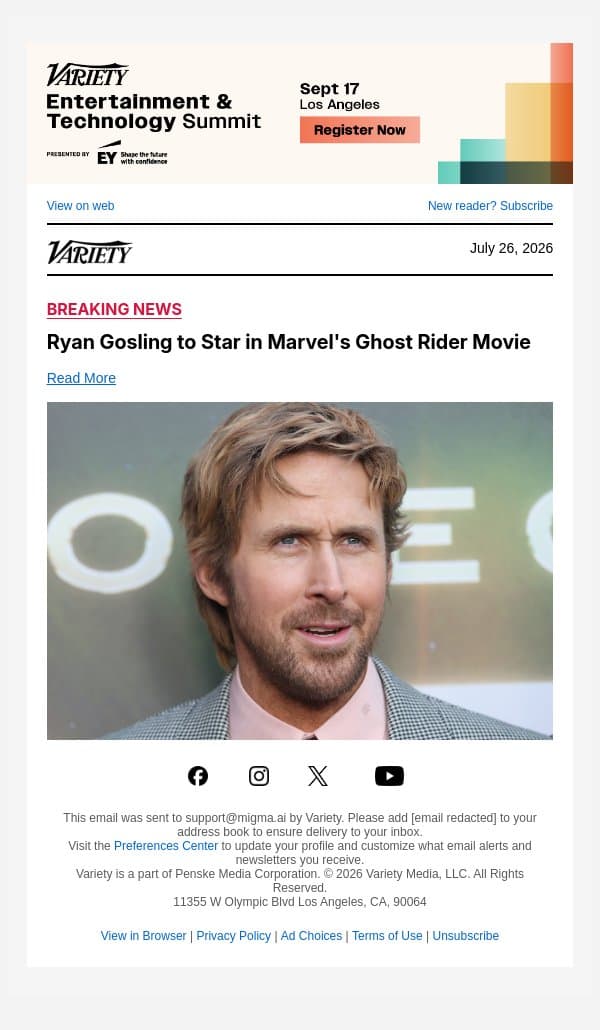 Ryan Gosling to Star in Marvel's Ghost Rider Movie email from Variety screenshot
